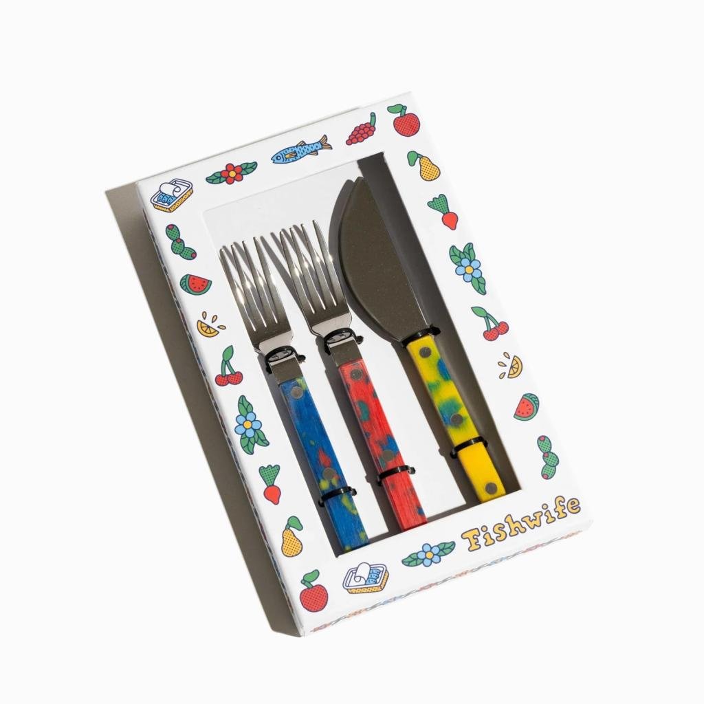Fishwife’s multicolored tinned fish fork and knife set.