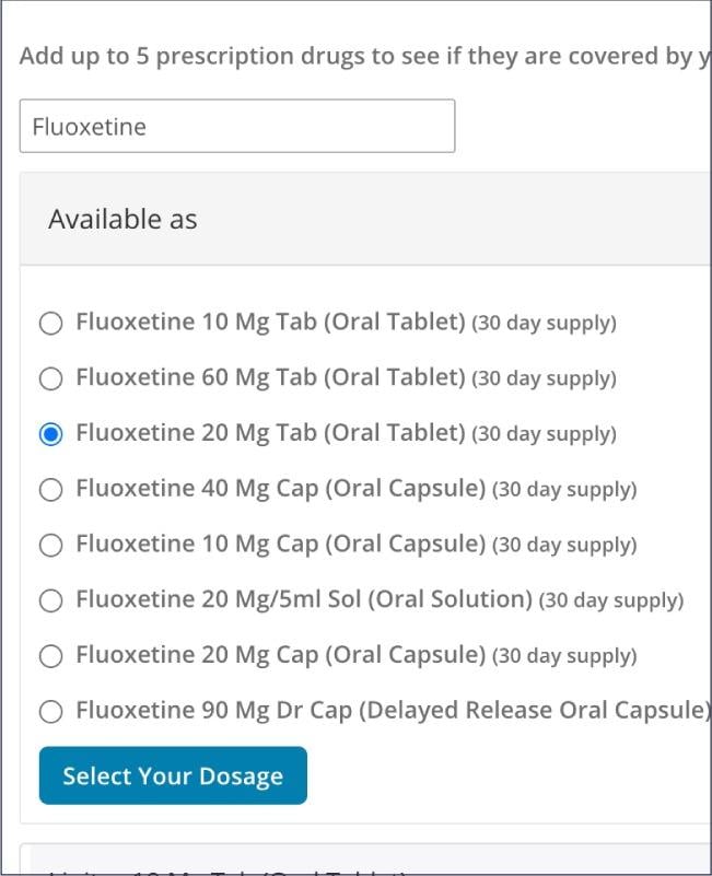 creenshot of the interface for Nevada Health Link displaying a respondent’s selection for the prescription drug Fluoxetine.