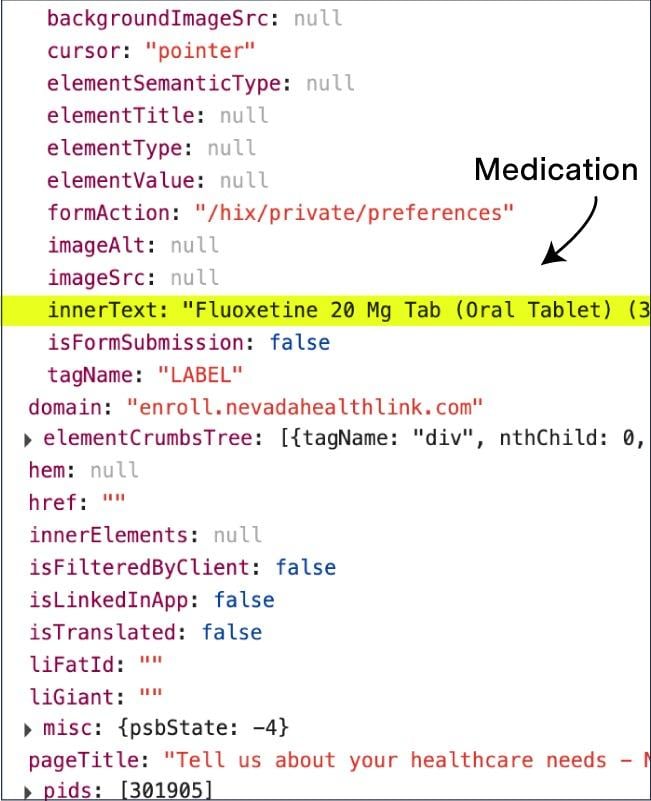 Screenshot highlighting the line of code where Nevada Health Link shares the respondent’s medication with LinkedIn.