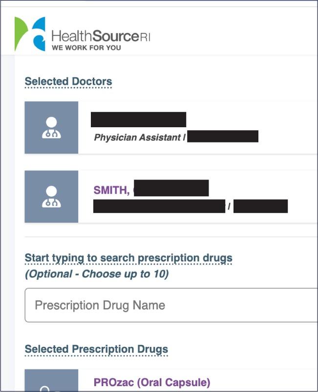 Screenshot of the interface for HealthSource RI displaying a respondent’s selection for medical providers.