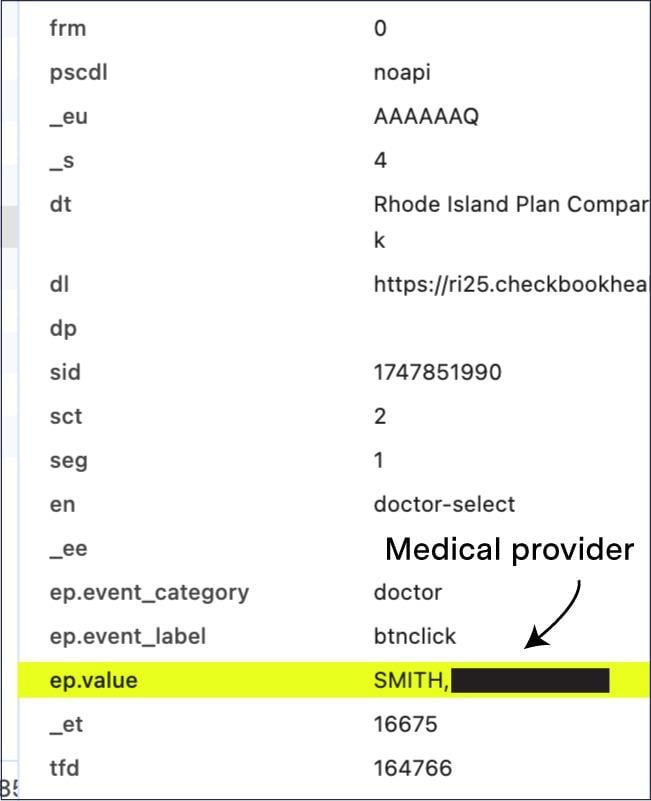 Screenshot highlighting the line of code where HealthSource RI shares the respondent’s medical provider with Google Analytics.