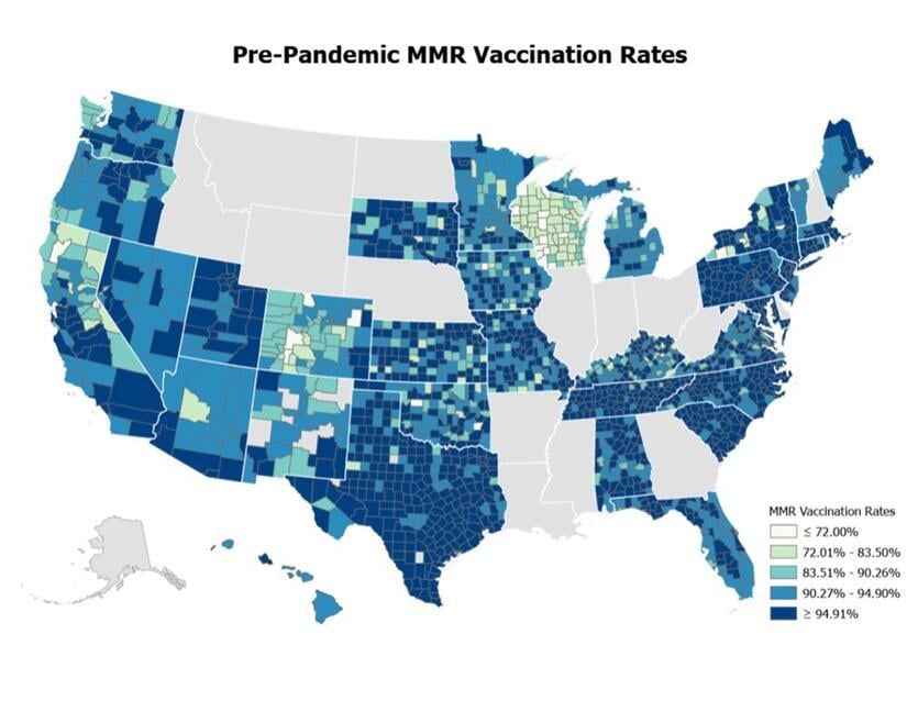 Map showing MMR vaccination rates pre-pandemic.