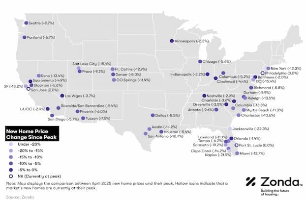 Map showing data revealing several trends and patterns emerging to pricing in the new-home market.