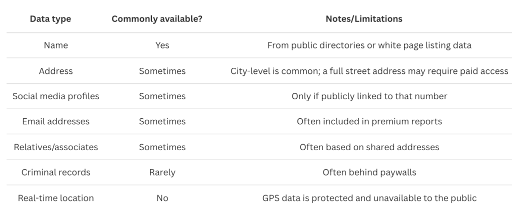 Table listing data types, how commonly available they are and their notes and limitation.