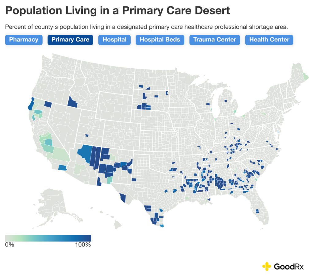 Data map showing the percent of county's population living in a designated primary care healthcare professional shortage area.