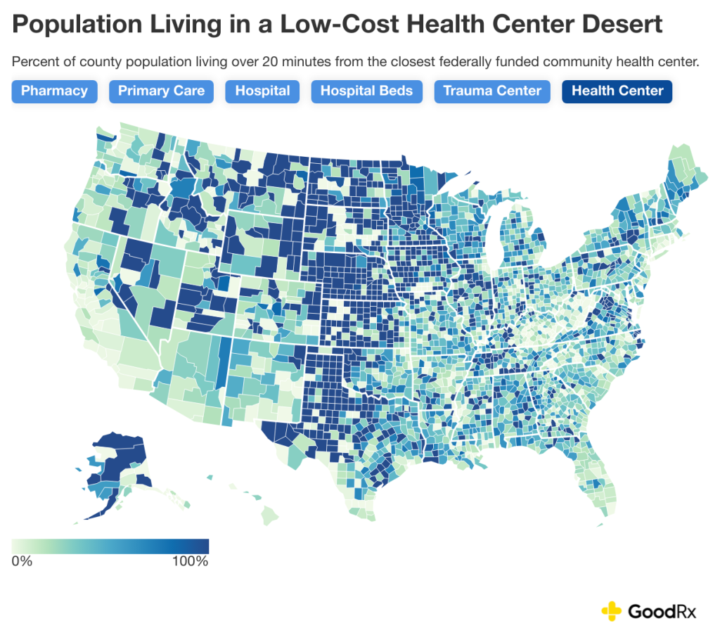 Data map showing the percent of county's population living over 20 minutes from the closest federally funded community health center.