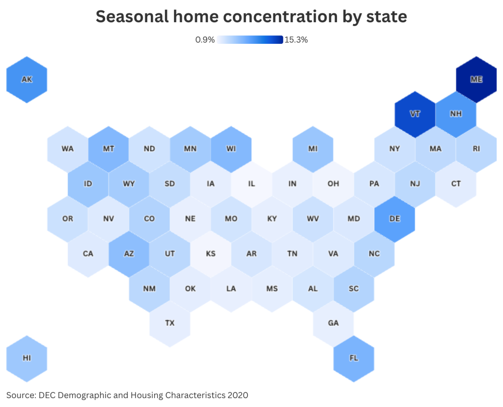 Map showing seasonal home concentration by state.
