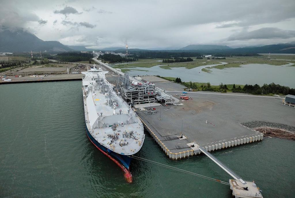 Aerial view of the LNG carrier GasLog Glasgow at the Canada site in Kitimat, B.C. June 28, 2026.  