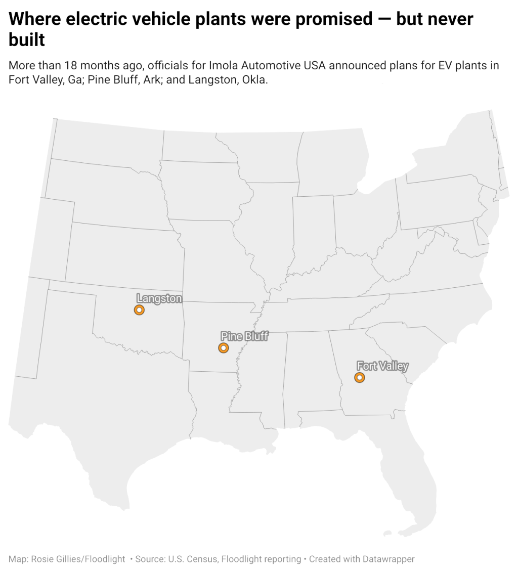 Data map showing which towns where electric vehicle plants were promised but never built.
