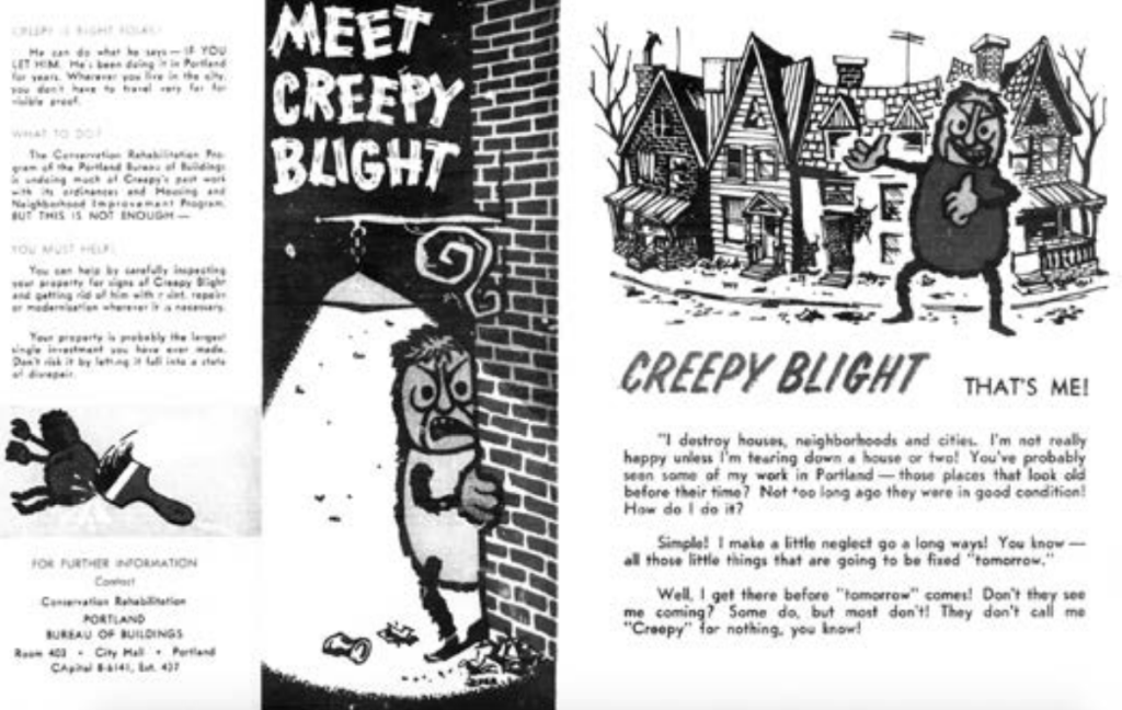 A black-and-white brochure featuring a caricature of an exaggerated creature that destroys neighborhoods called "Creepy Blight".