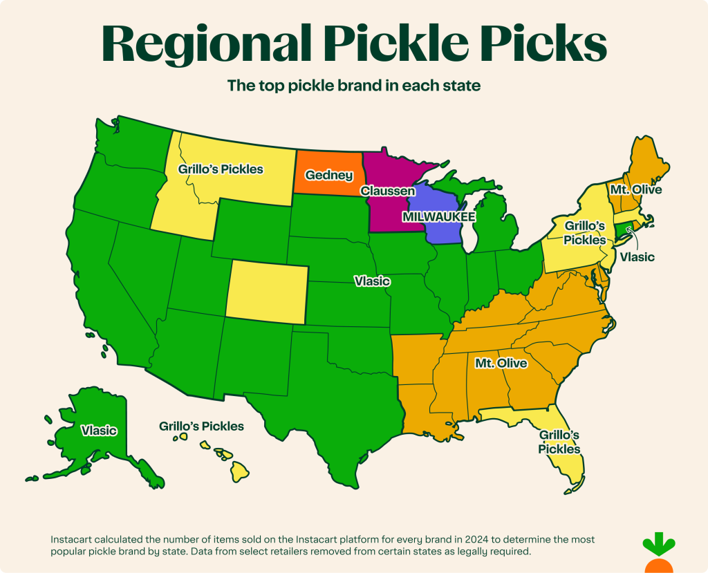The top pickle brands of each state shown on a map.