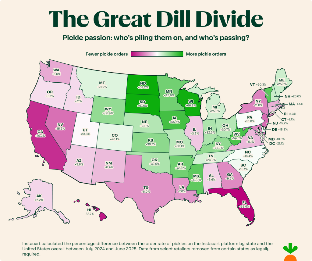 Map showing most and least pickle orders by state.