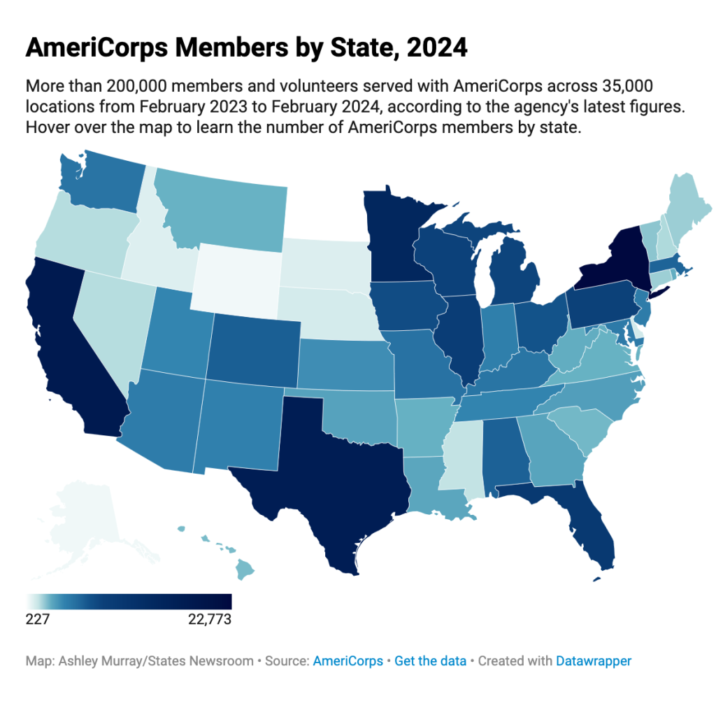 Map showing which states have the most AmeriCorps service members ranging from 227 to 22,773.