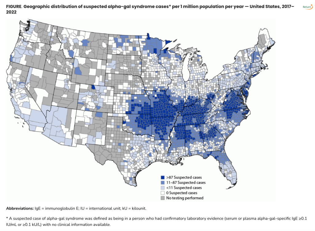 Map showing geographic distribution of suspected alpha-gal syndrome cases in 2017-2022.