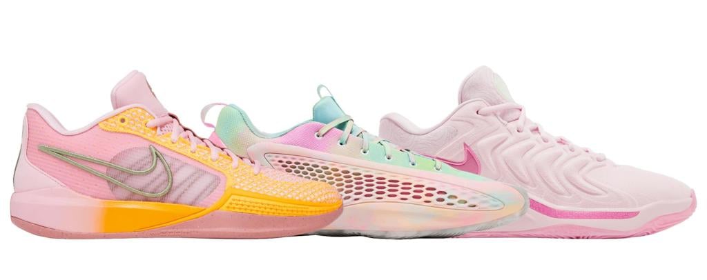 Three basketball designs that include pink in the colorway, including from the Aunt Pearl Line and Sabrina Ionescu's shoes against white background.