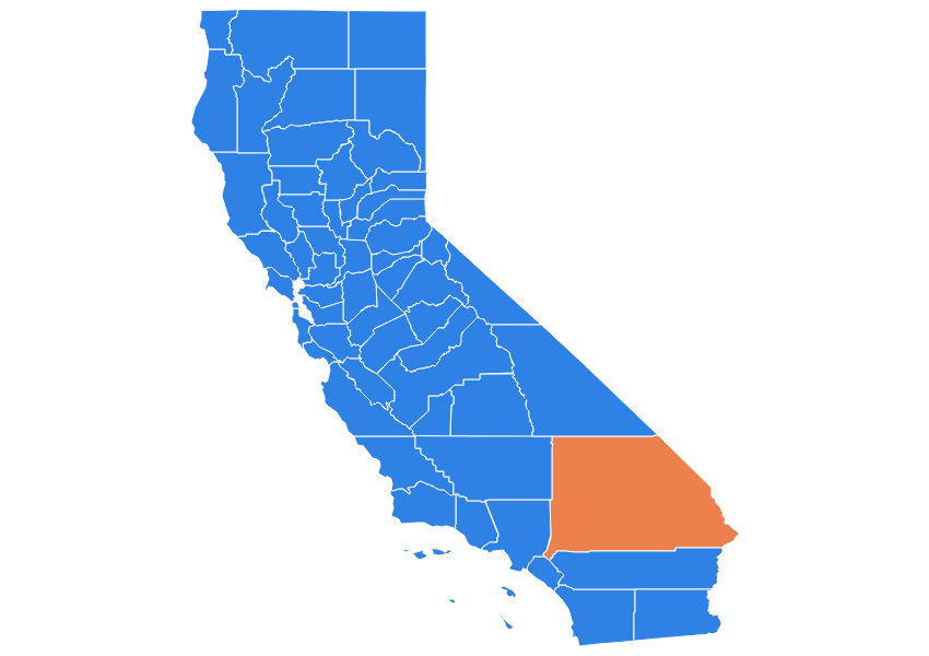 Infographic map highlighting the San Bernardino county in the state of California.