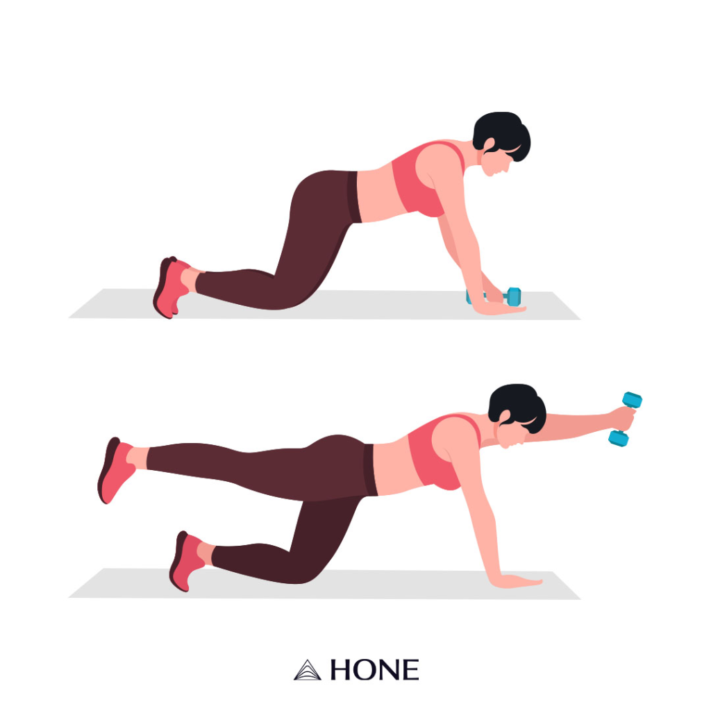 Custom illustration of a figure of a woman doing a bird dog.