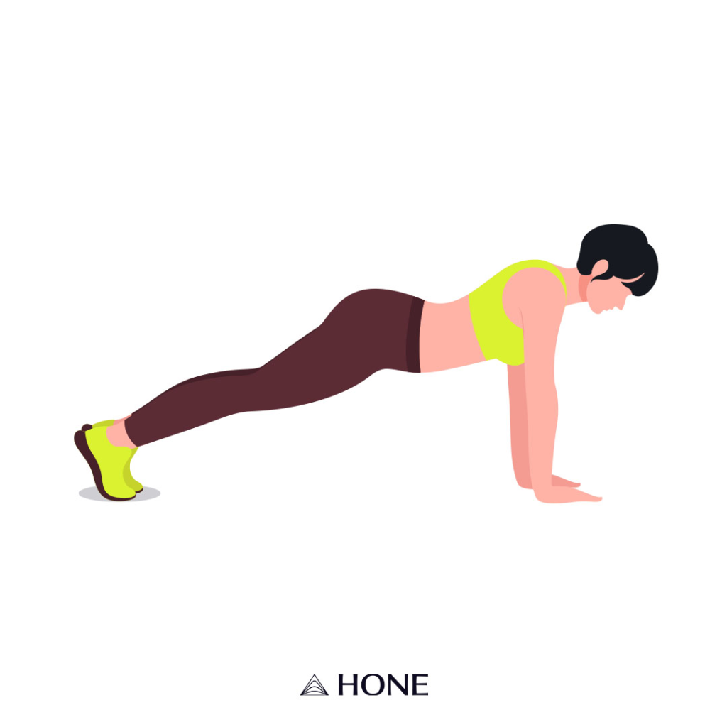 Custom illustration of a figure of a woman doing push-ups.