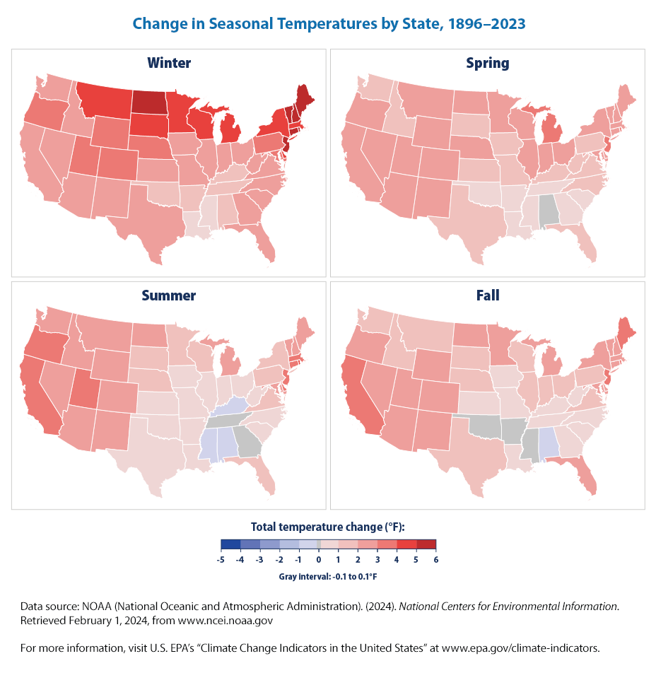Data map of the U.S. for each season showing change in temperatures by state from 1896-2023.