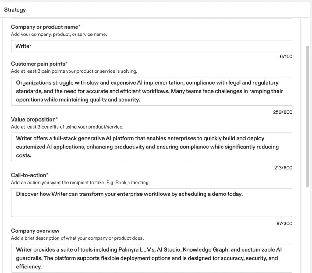 A sample of a filled out AI tool to come up with a persona of a representative from the company, Writer.