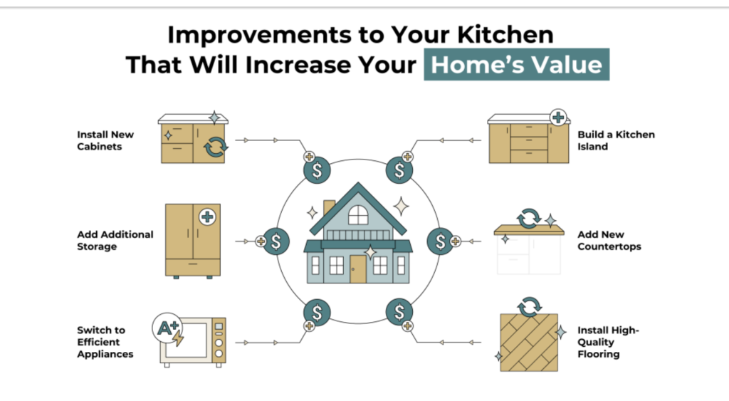Infographic showing improvements to a kitchen that will increase a home's value.