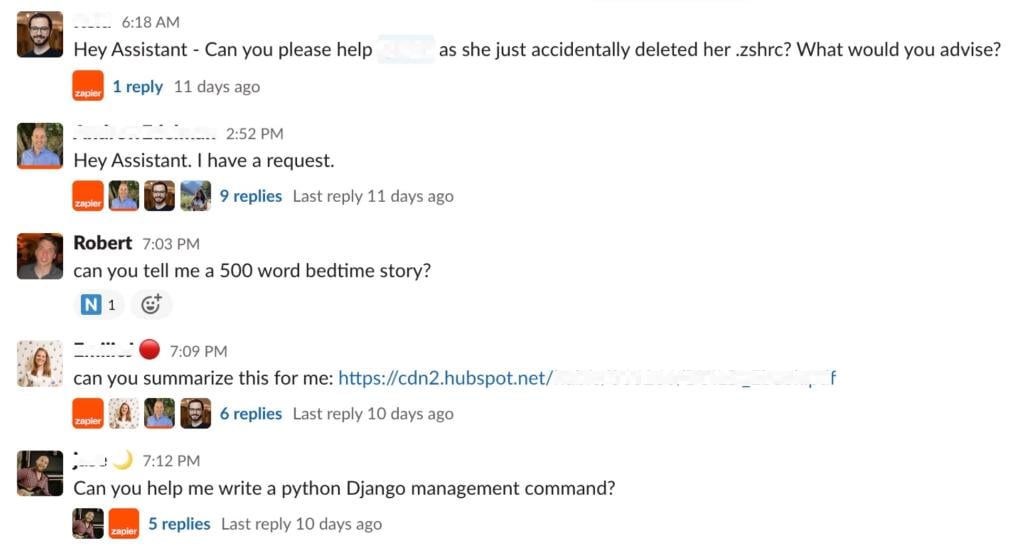 An example of coworkers initiating prompts at AI chatbot in a team communication platform.