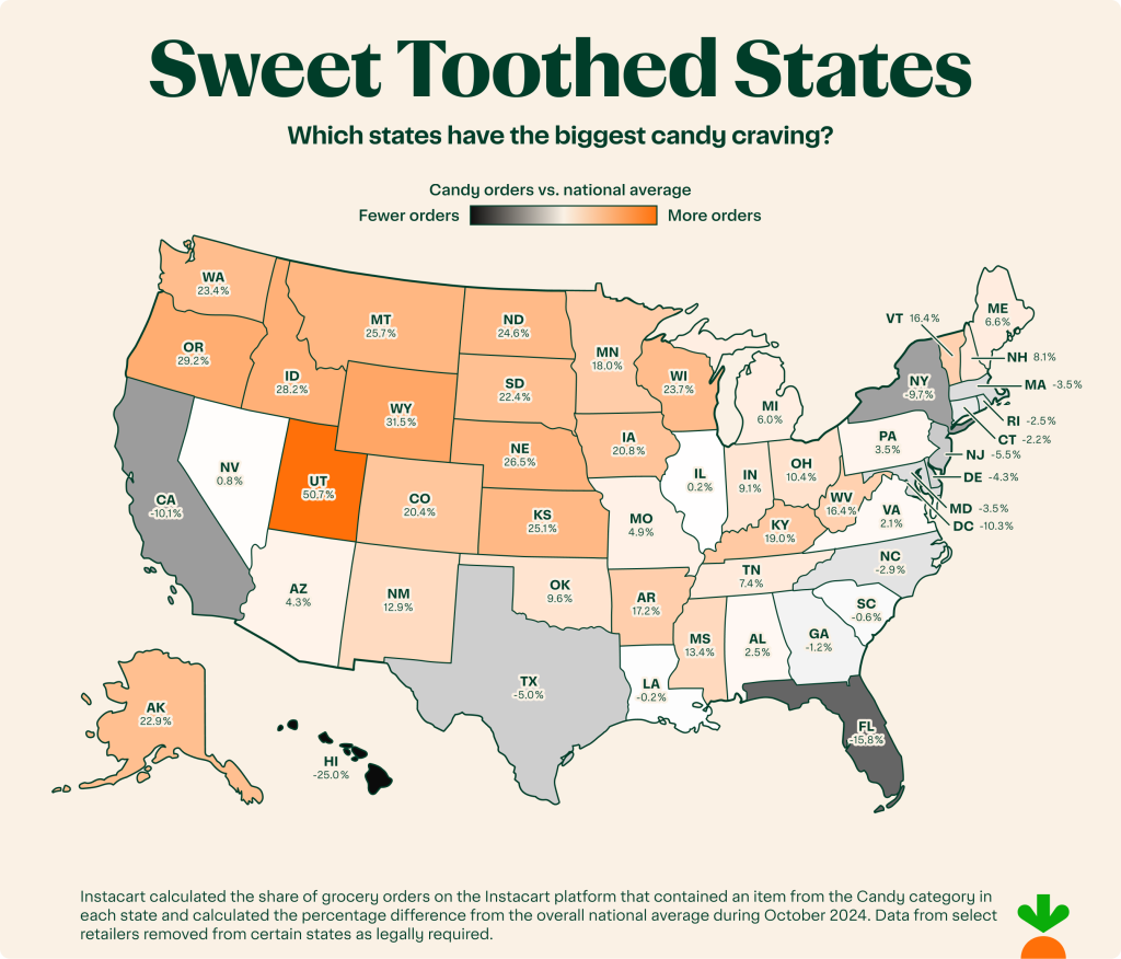 Data map showing which states have the biggest candy cravings.