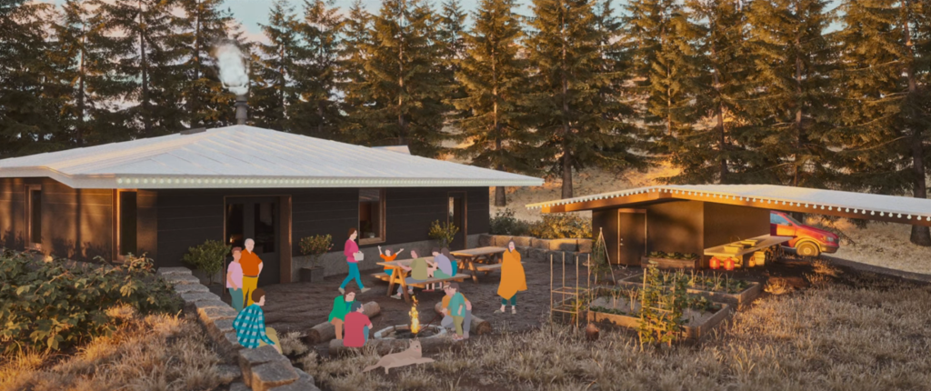 A rendering of a Yunesit'in wildfire-resilient house. It has a white roof, is one level, and has an outdoor kitchen and a shed. Animated drawings of  people fill the outdoor space, sitting around the firepit.