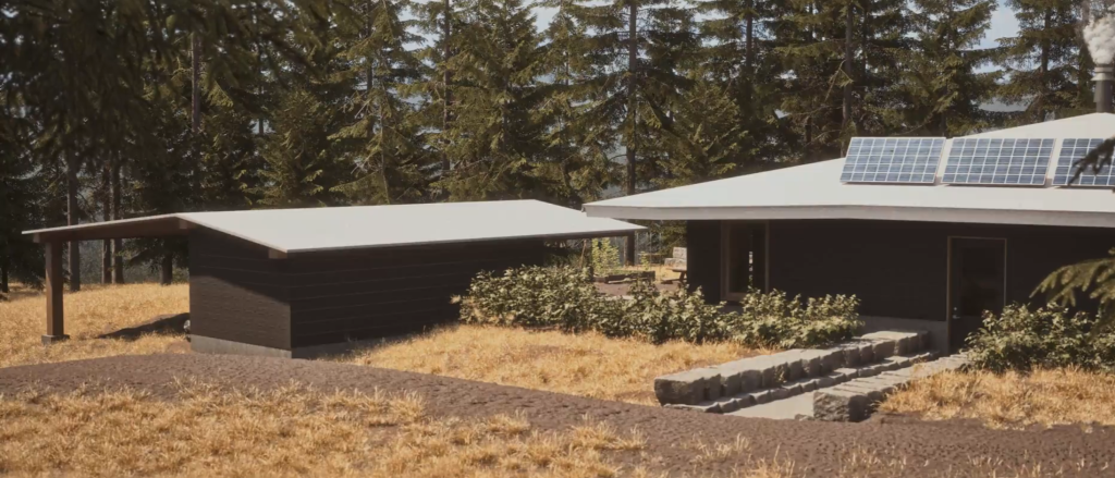 Traditional Yunesit'in pithouses against tall pines and summer grasses.