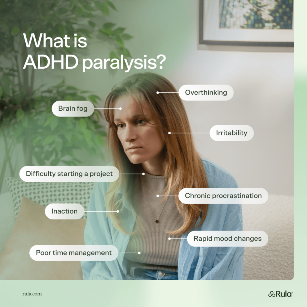 An image of a woman sitting in a chair, looking distractedly into the distance. Around her are labels listing different elements of ADHD paralysis, including brain fog, overthinking, irritability, difficulty starting projects, inaction, chronic procrastination, poor time management, and rapid mood changes.
