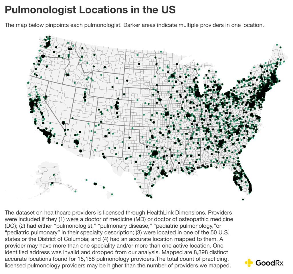 Data map of the US showing where all pulmonologists are located across all states. The darker areas indicate multiple providers in one location.