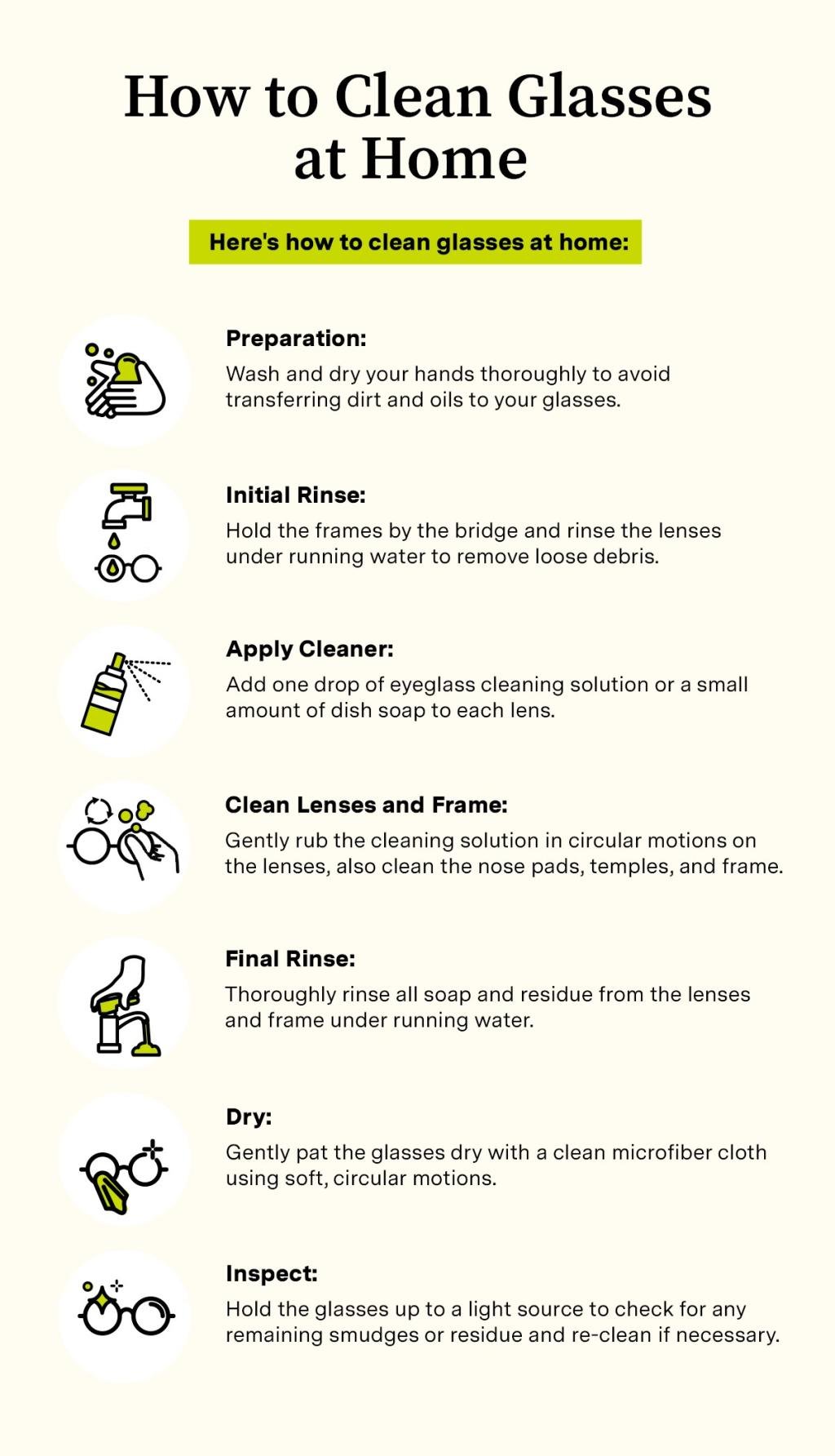 Infographic listing ways on how to clean glasses at home.