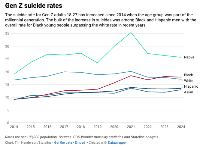 Data graph of Gen Z suicide rates from 2014-2024.