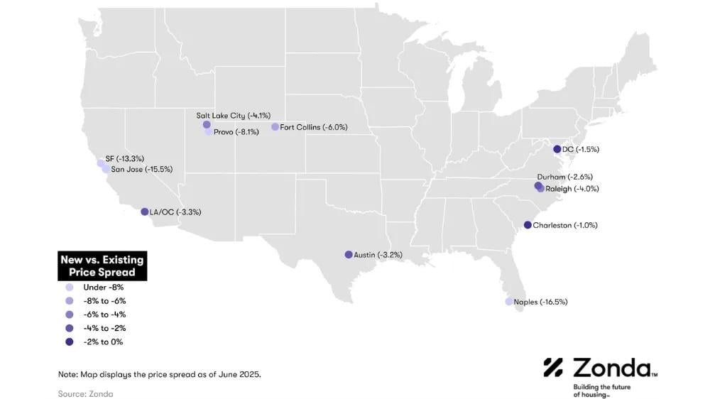 Data map of the US showing where new homes carry a discount.