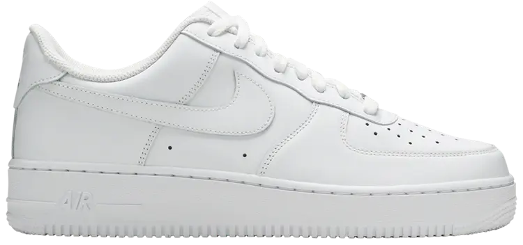 A side view of the white Nike Air Force 1 shoe.