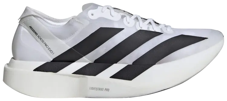 A side view of the adidas Adios Pro Evo 1 shoe in white and black colorway.