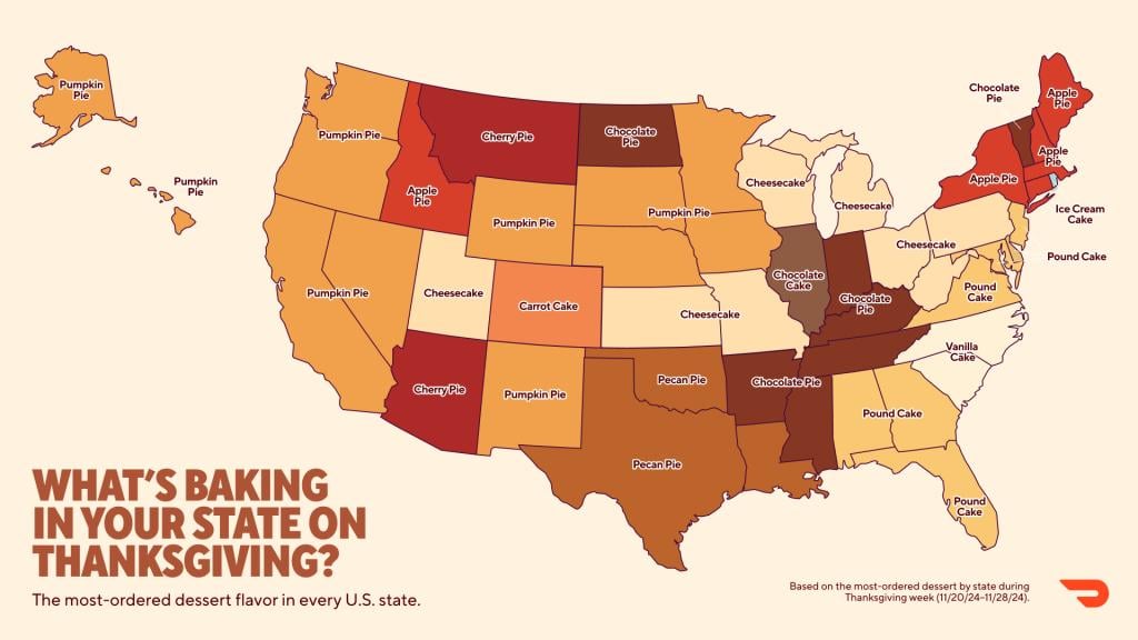 A data map of the US indicating the most-ordered desert flavor in every state.