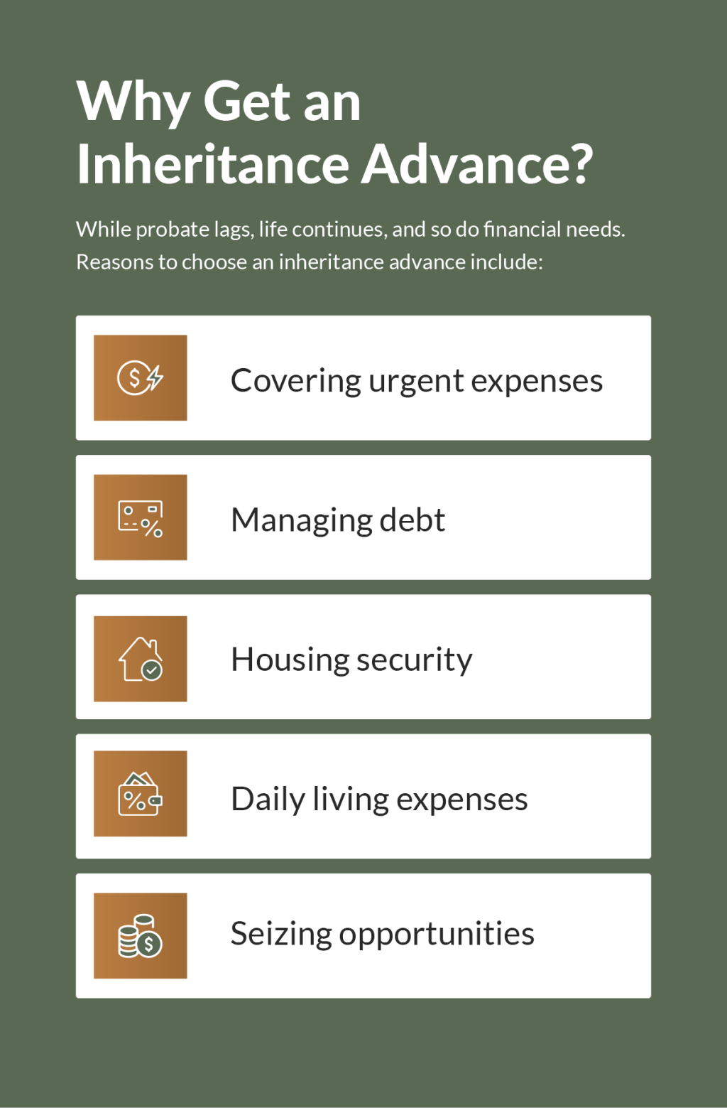 An infographic explaining why people may choose to get an inheritance advance, including covering urgent expenses, managing debt, housing security, daily living expenses, and seizing opportunities.