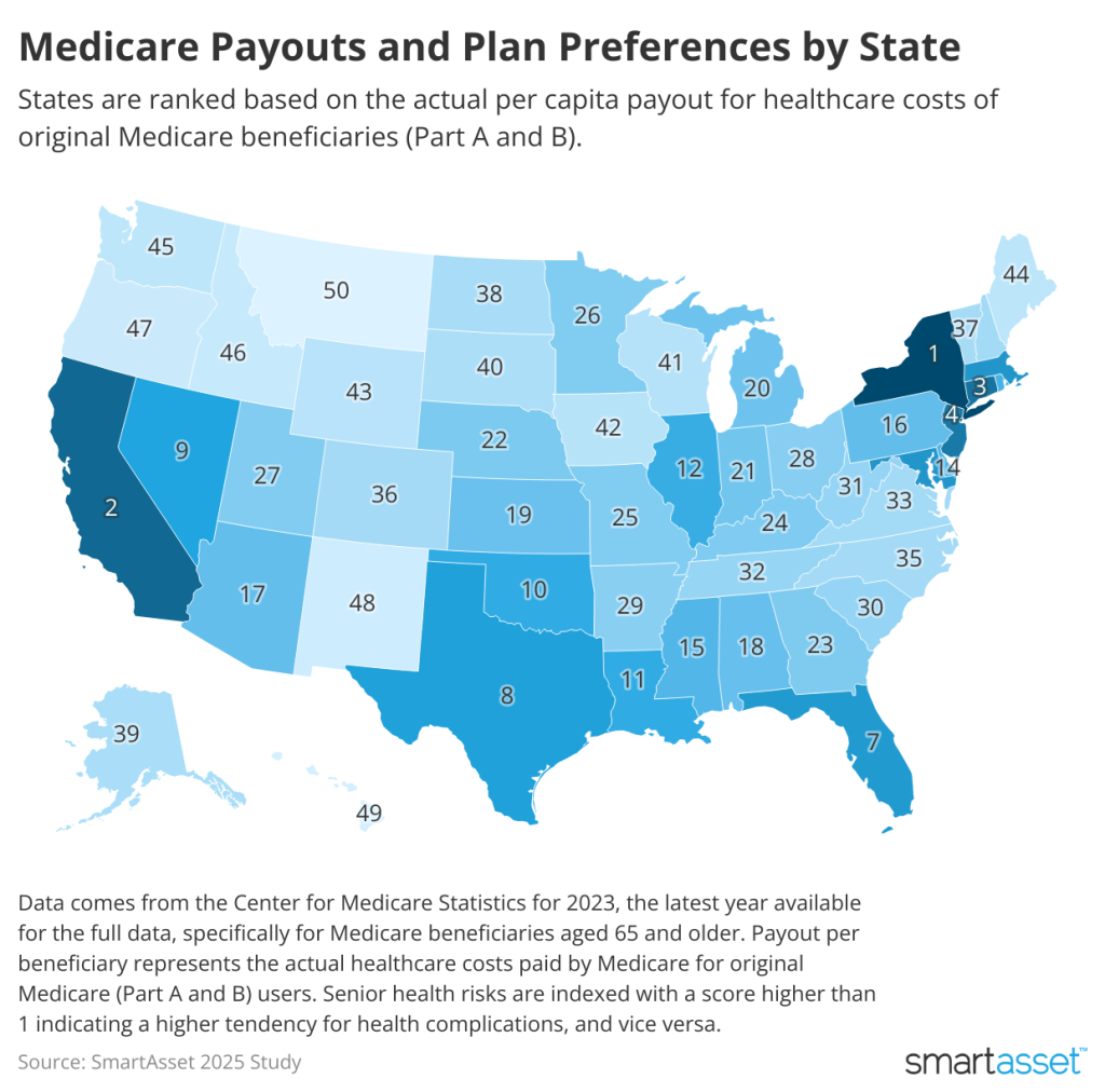 Data map of the US showing Medicare payouts and plan preferences by state.