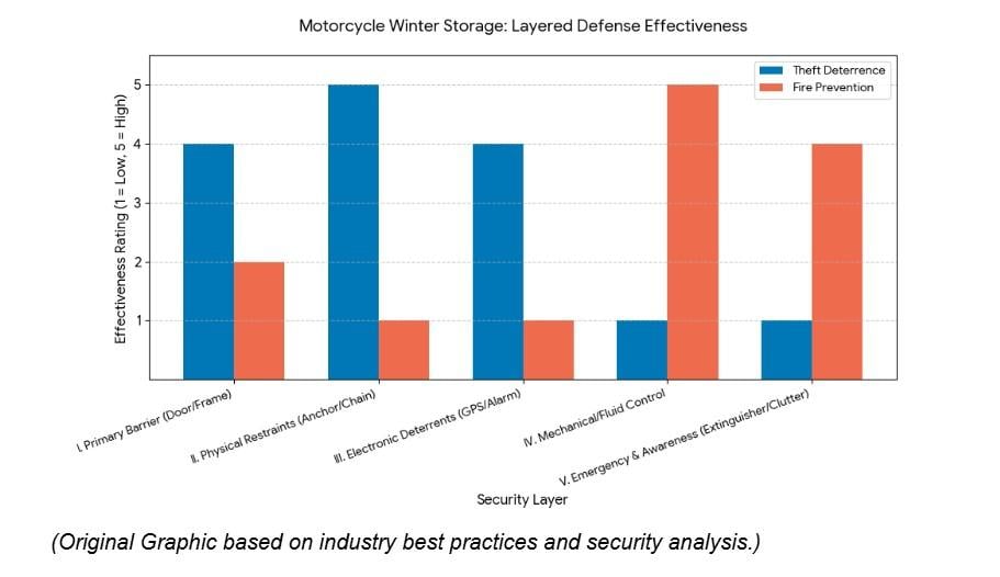 Data chart on layered defense effectiveness on motorcycle storage during winter.