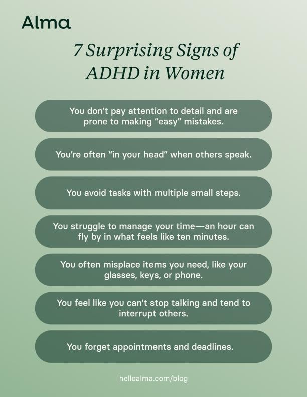 Infographic listing the 7 surprising signs of ADHD in women.