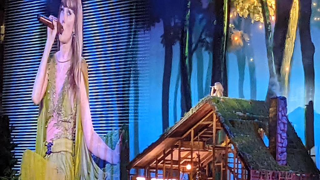 Taylor Swift performs from roof of a houset set wearing an olive green dress in New Orleans.