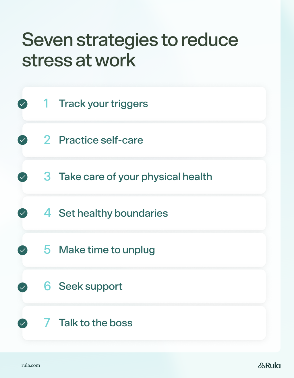 An infographic listing the seven strategies to reduce stress at work.