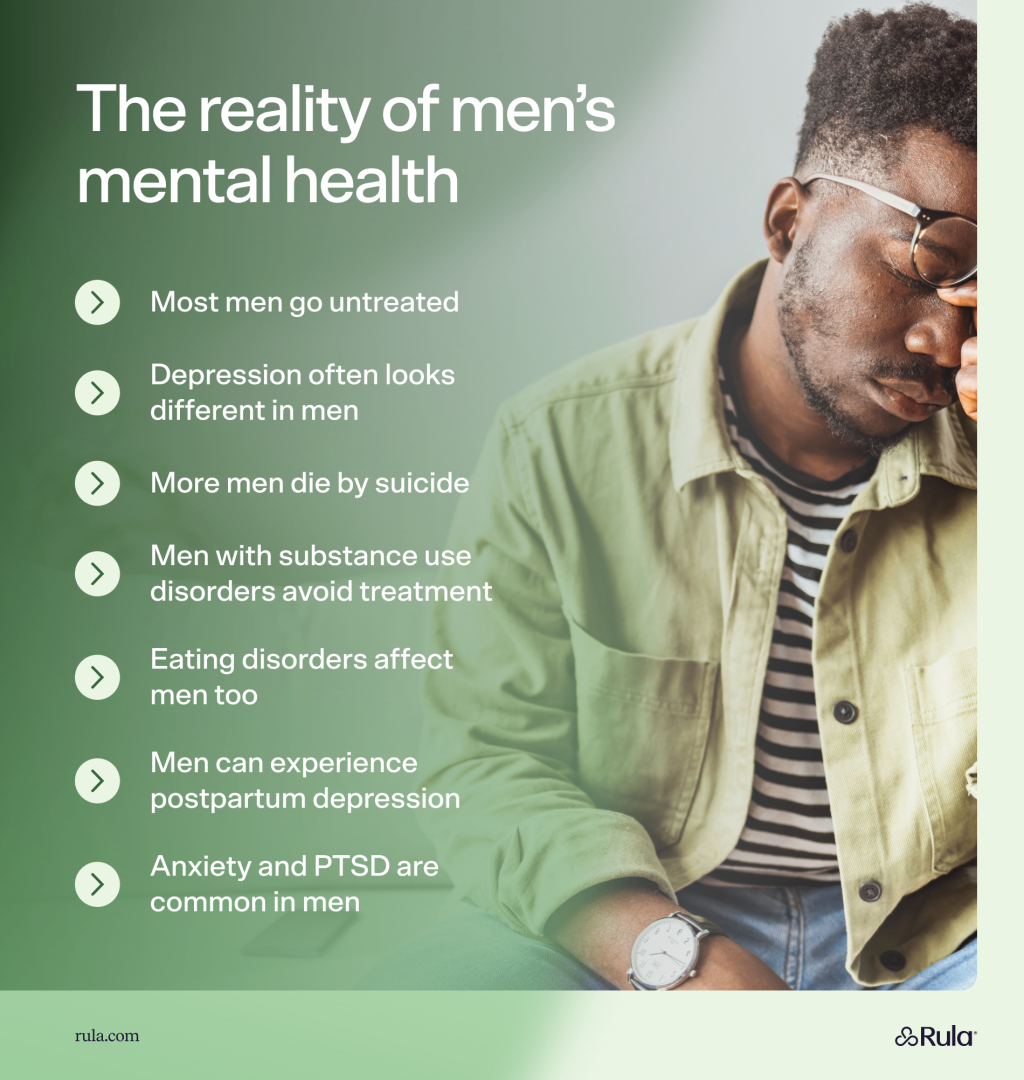 An infographic listing seven examples of the reality of men's health, illustrated with a young black man in a distressed emotion.