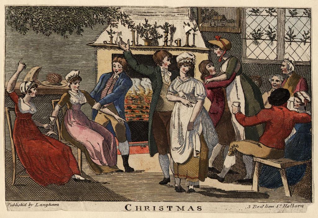 A historic postcard drawing of Christmas celebrations in London in 1810.