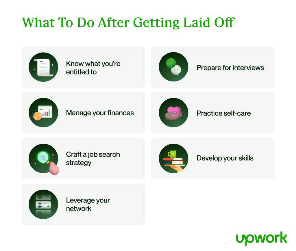 Infographic showing seven different things to do after getting laid off, which are explained in the article.