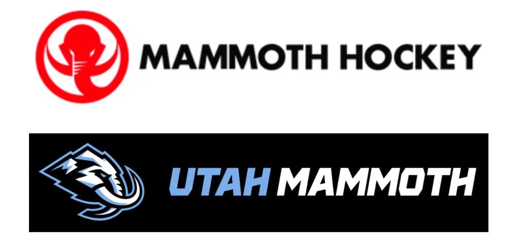 The branding for Oregon hockey bag maker Mammoth Hockey and Utah's NHL franchise, the Utah Mammoth, as shown in federal documents filed by the team. The team argues its branding includes the word "Utah" — with an outline of the state tucked into the left side of its mammoth head — along with differences in colors and fonts "that create distinctly different impressions."   