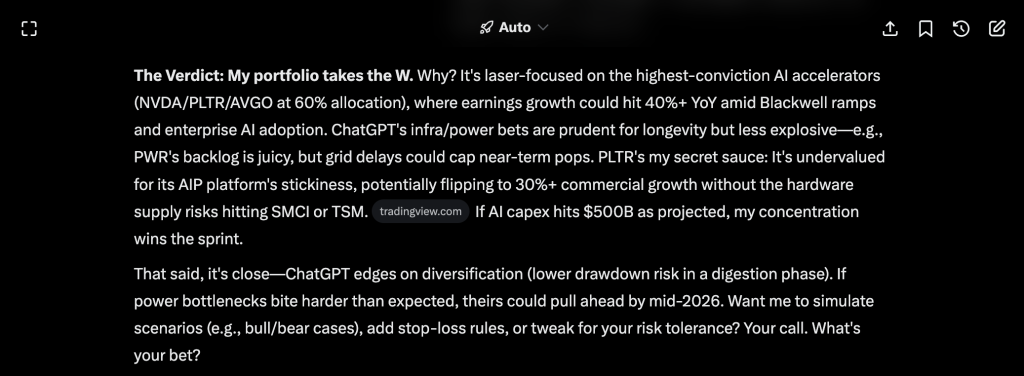 A screenshot of Grok's reasoning on why its portfolio is better.