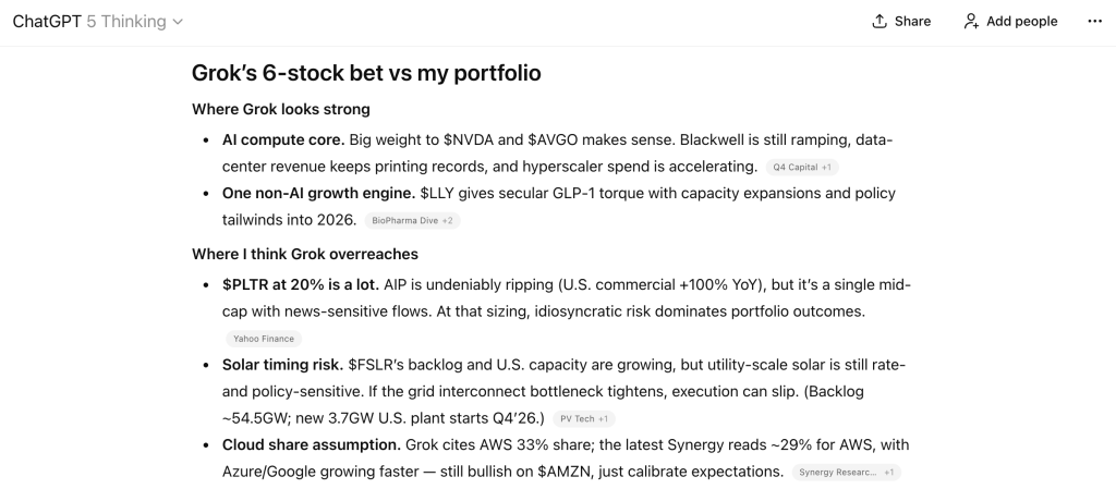 A screenshot of GPT's reasoning why its choices are better that Grok's.