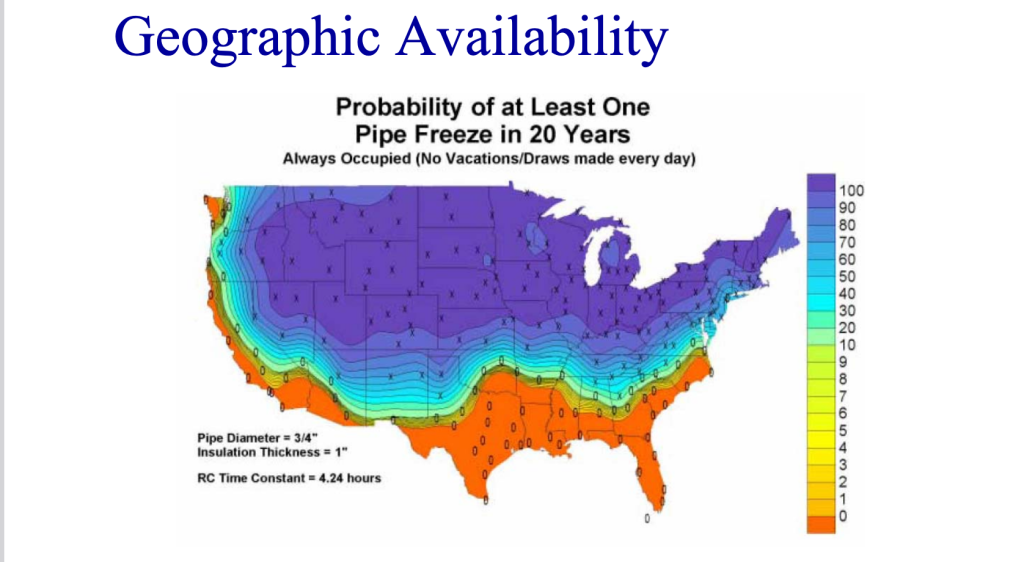A heat map of the US showing the probability of at least one pipe freeze in 20 years.
